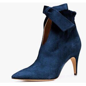 XYD Blue Pointed Toe Ankle Booties Dress Mid Heels Graceful Bow Pull-on Boots